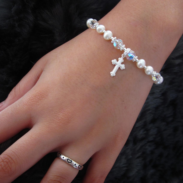 Real Freshwater Pearl & Sterling Silver Cross Bracelet