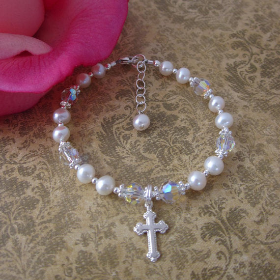 Real Freshwater Pearl & Sterling Silver Cross Bracelet